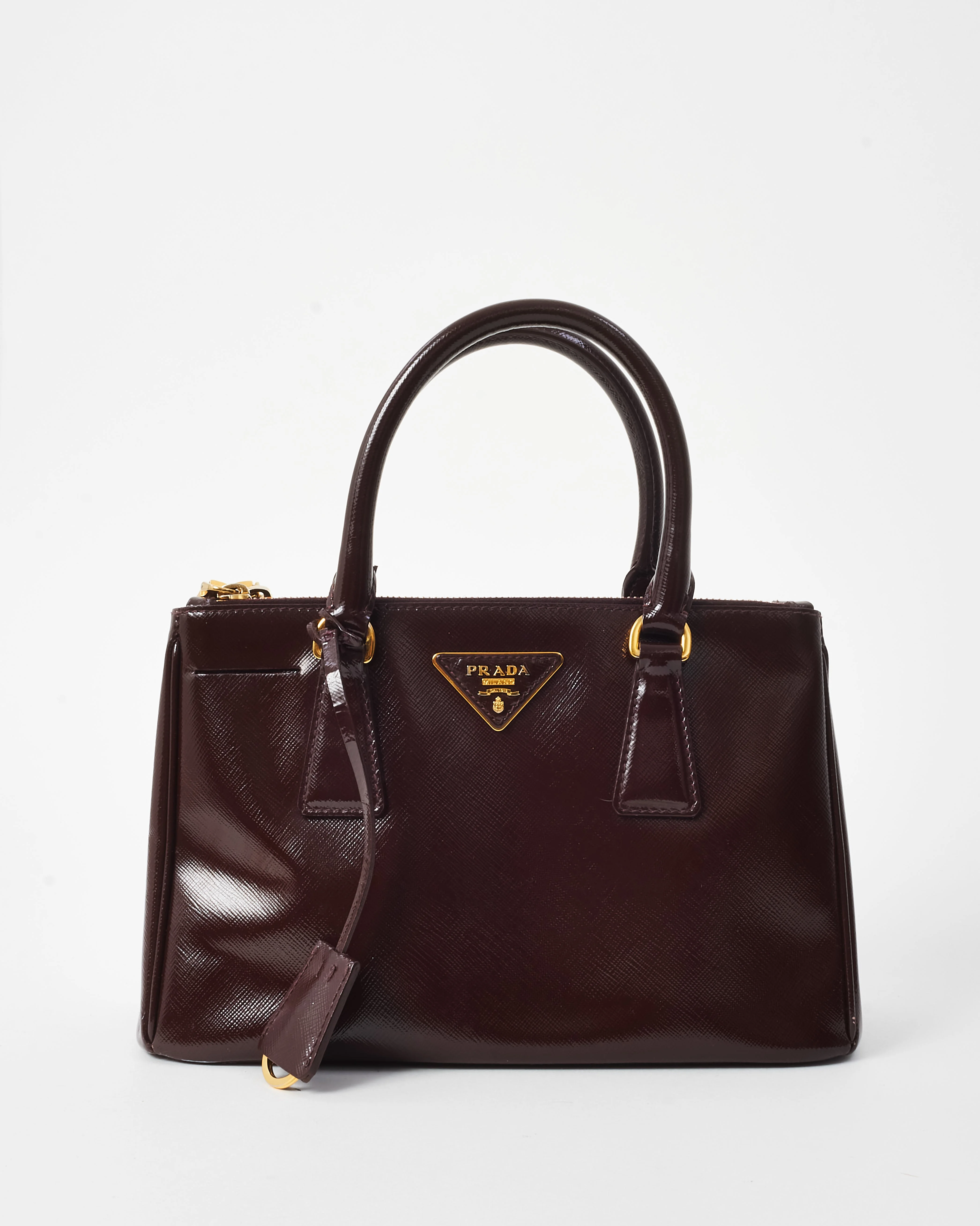Prada Brown Granato Saffiano Vernice Leather Small Galleria Double Zip Tote