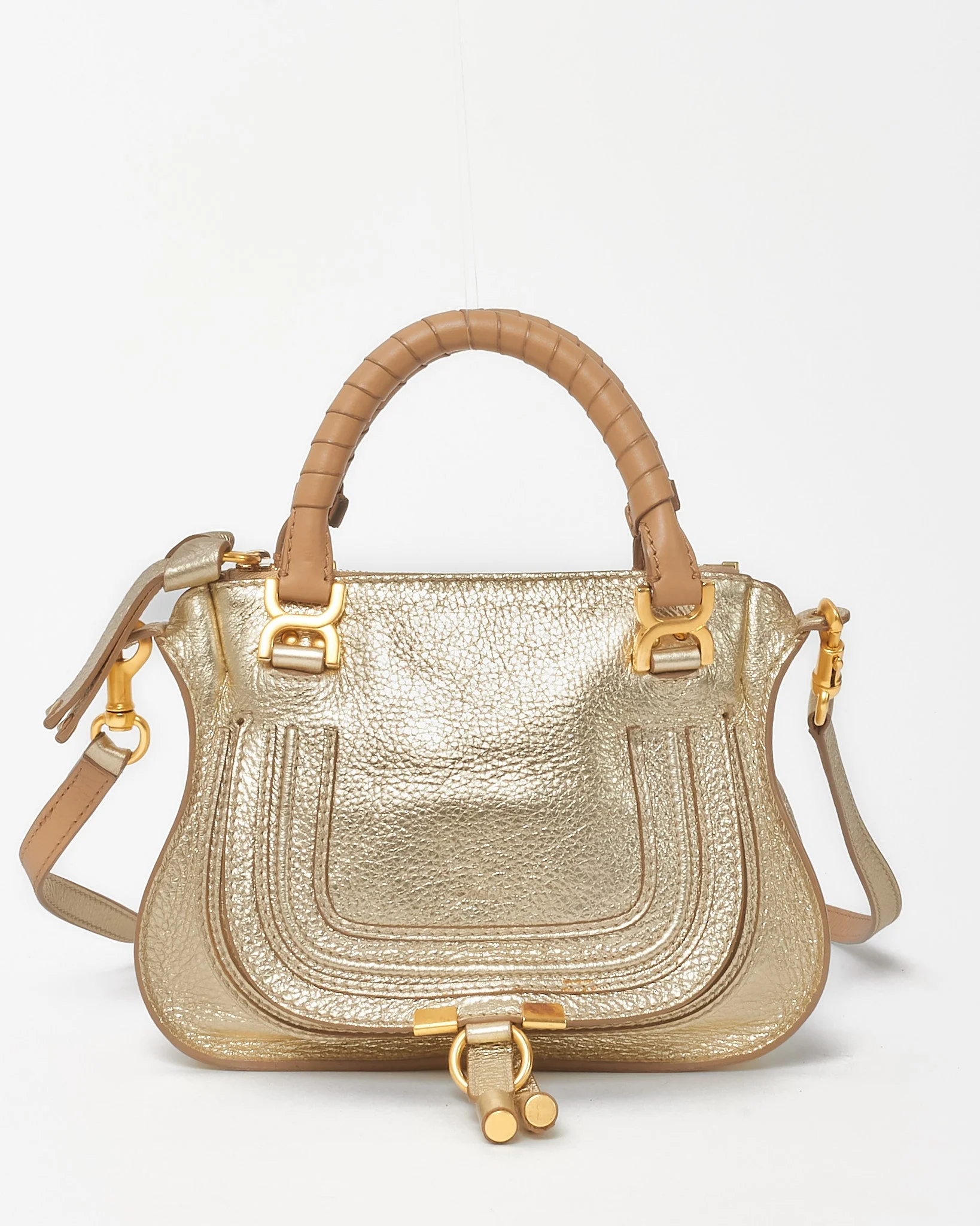 Chloé Metallic Gold & Tan Leather Mini Marcie Top Handle Bag with Strap