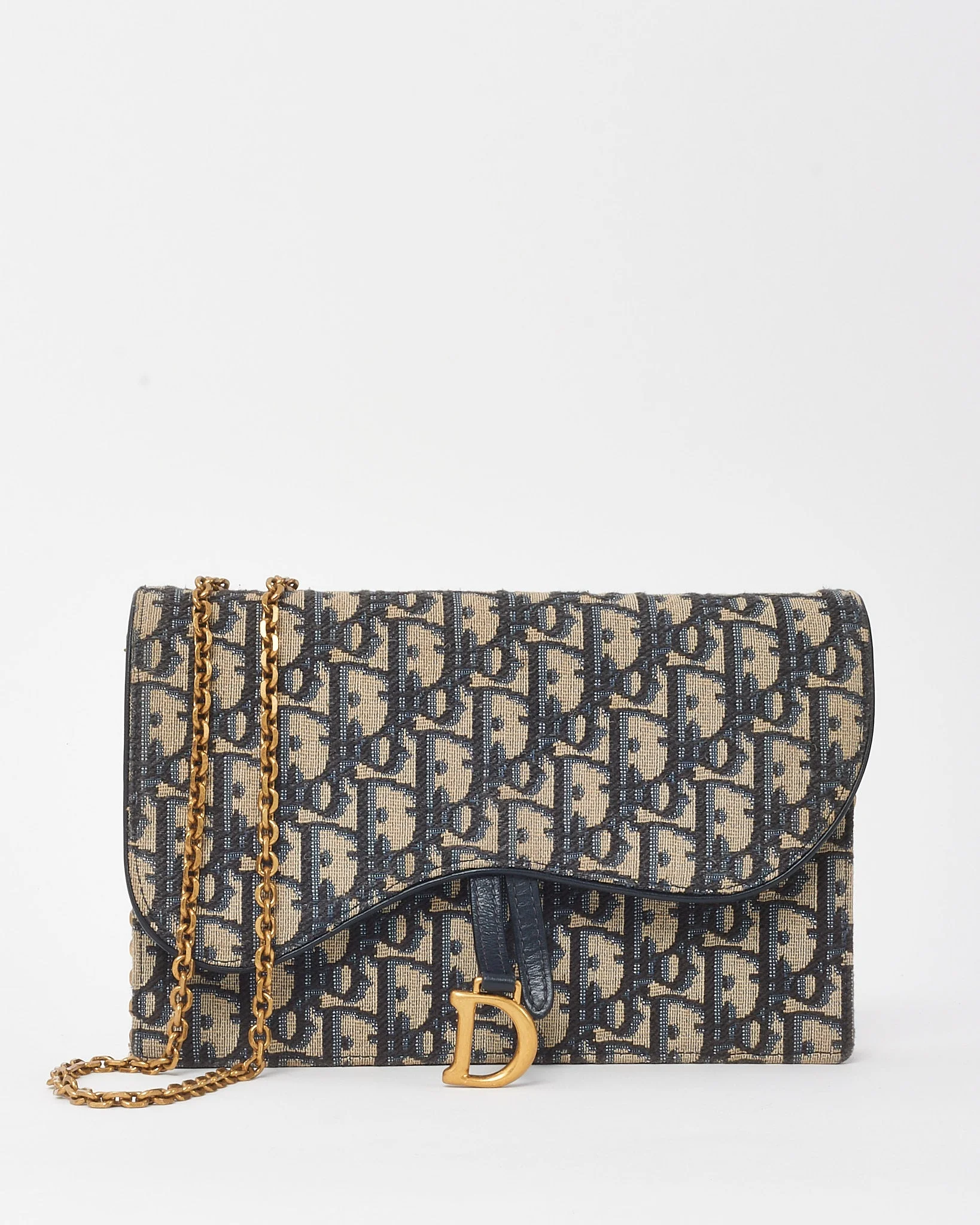 Dior Blue Oblique Jacquard Canvas Medium Saddle Pouch with Chain