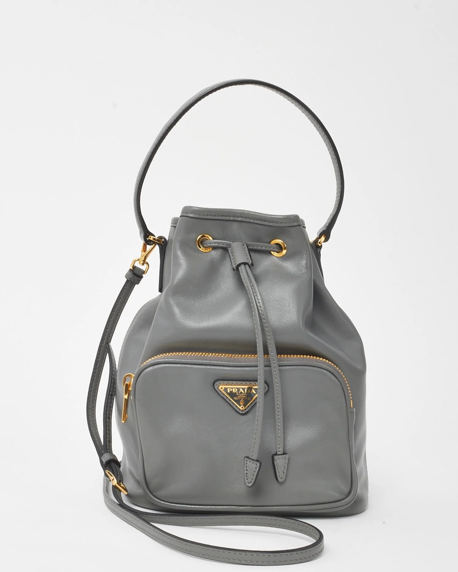 Prada Grey Marmo Light Calfskin Leather Duet Bucket Crossbody Bag
