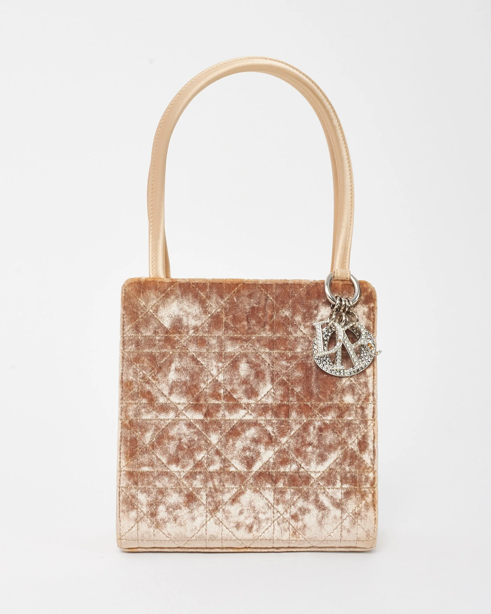 Dior Vintage Beige Satin/Velvet Cannage Crystal Logo Mini Top Handle Bag