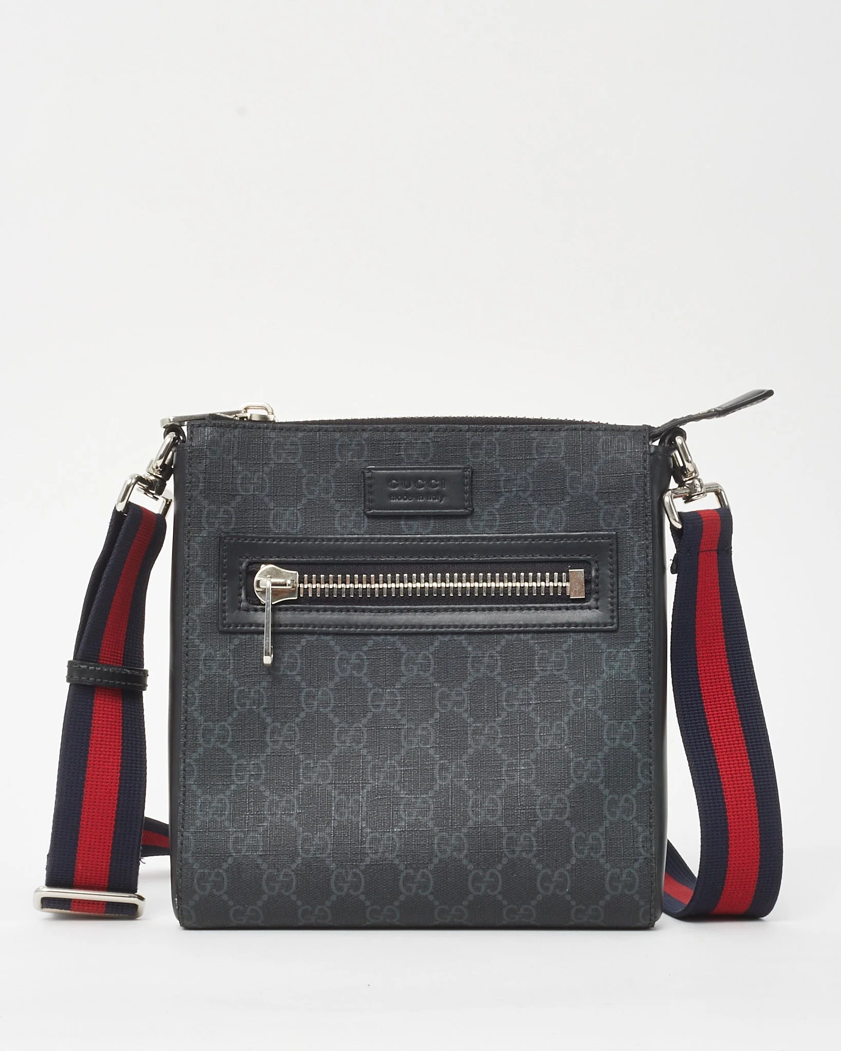 Gucci Black Monogram GG Supreme Canvas Front Zip Web Messenger Bag