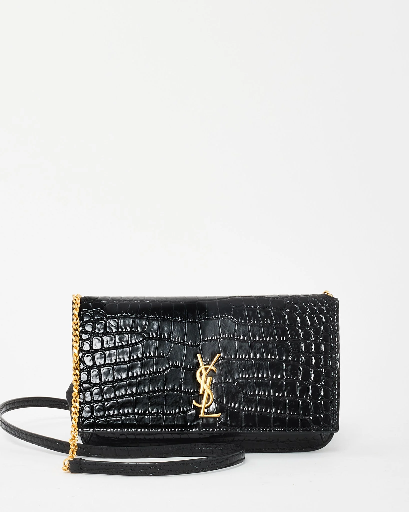 Saint Laurent Black Croc Embossed GHW Kate Wallet on a Chain Bag
