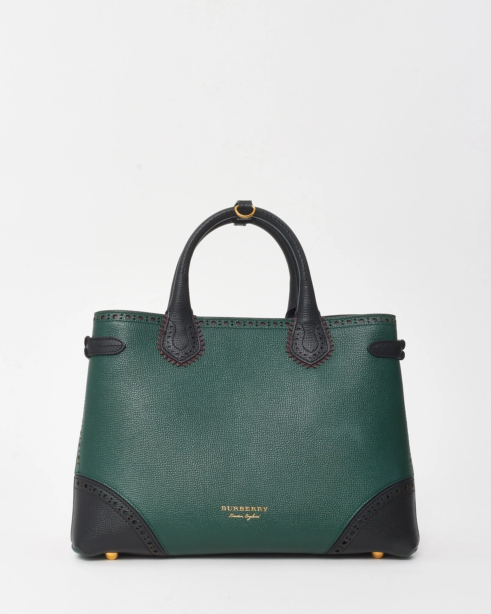 Burberry Sea Green/Black Grained Leather Medium Banner Tote Bag with Strap