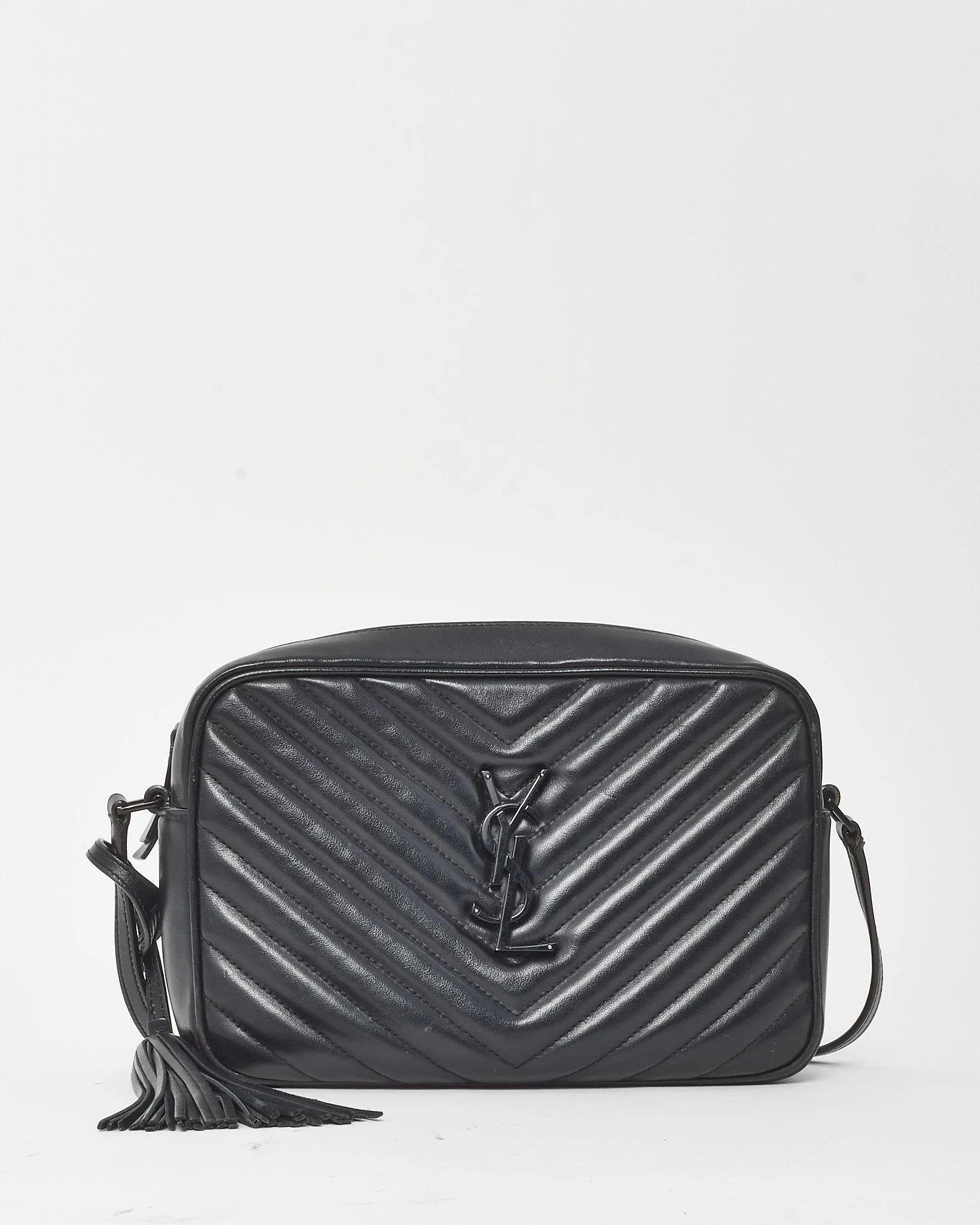 Saint Laurent Black Chevron Leather Lou Tassel Camera Crossbody Bag
