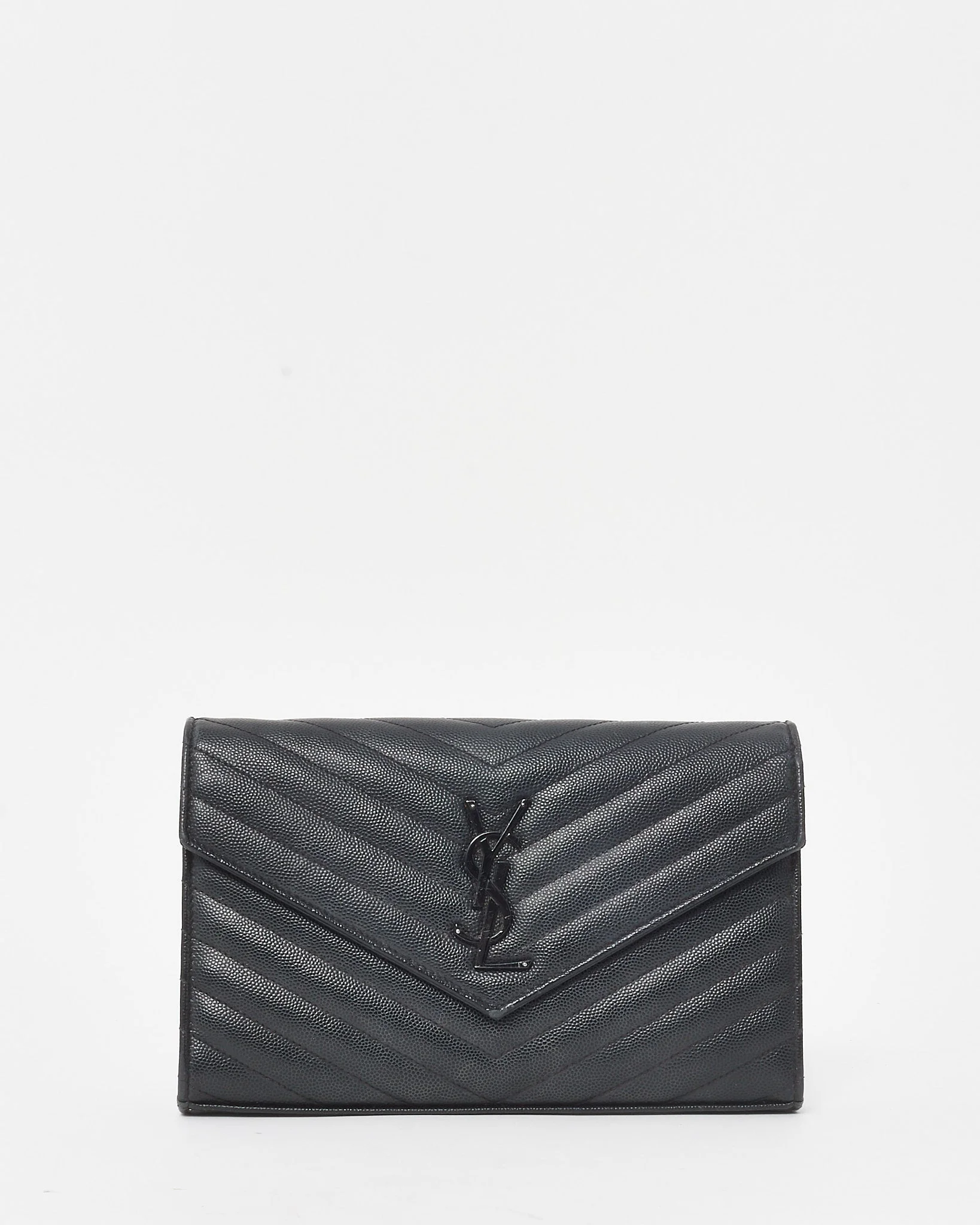 Saint Laurent Black Chevron Leather Cassandre YSL Logo WOC Wallet on Chain BHW