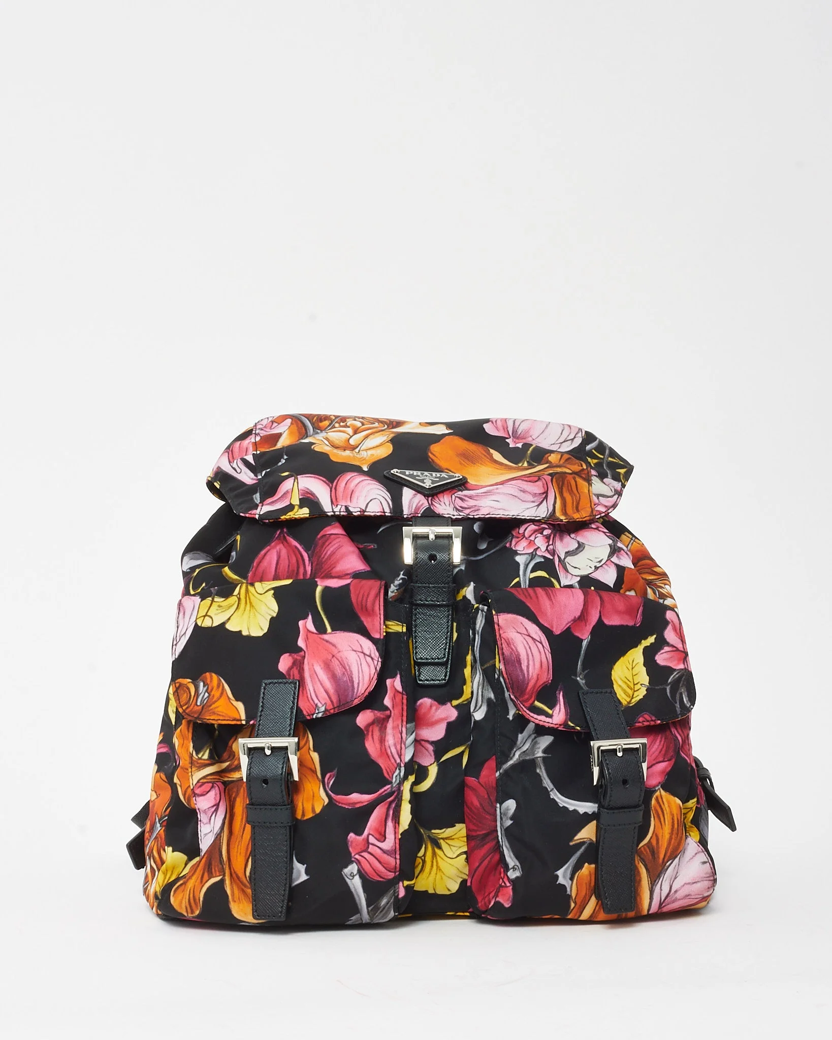 Prada Black Floral Nylon Double Pocket Medium Backpack