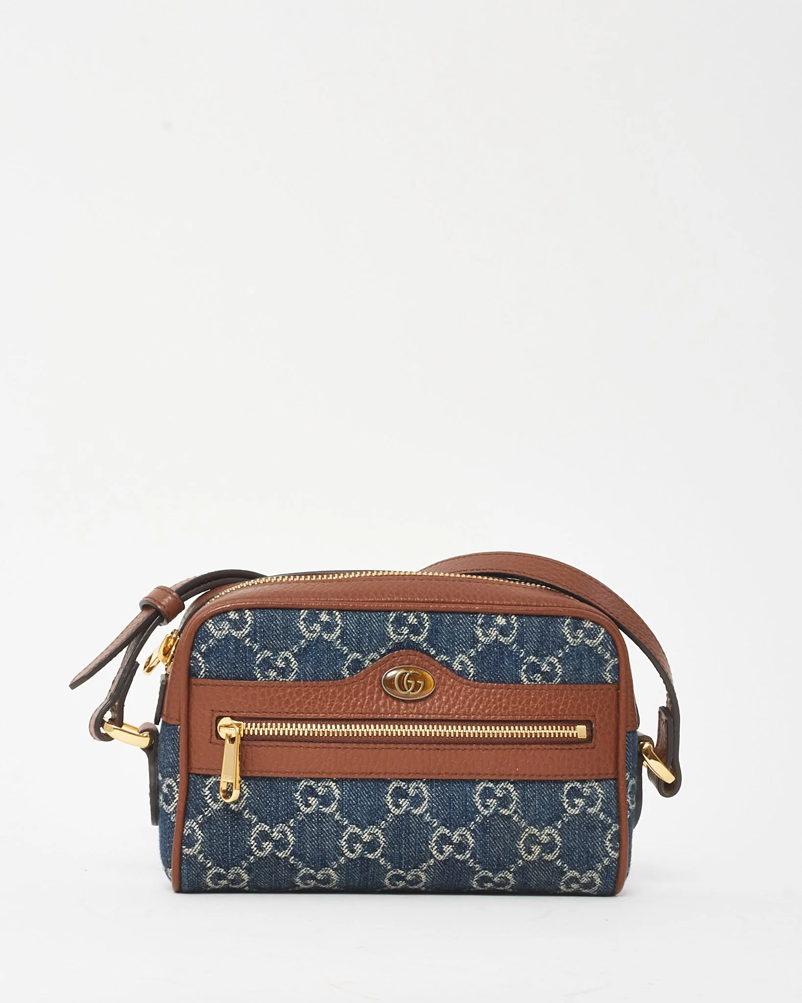 Gucci Brown Leather & Blue Denim Monogram Mini Ophidia Crossbody Bag