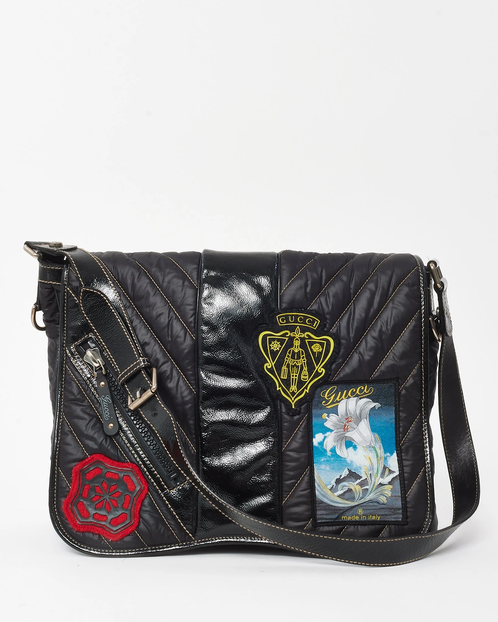 Gucci Black Quilted Coated Logo Patches Messenger Bag