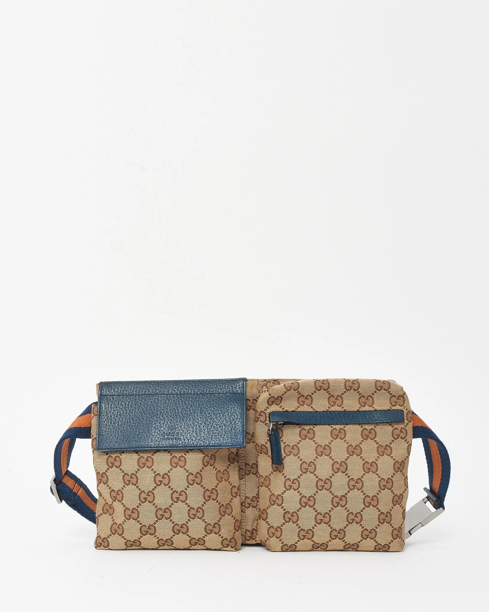Gucci Navy Leather Beige & Brown Monogram GG Canvas Double Pocket Belt Bag