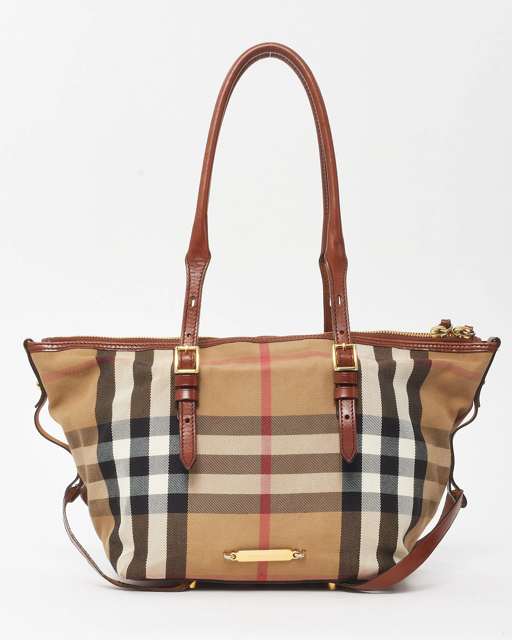 Burberry Dark Tan Leather and Bridle House Check Canvas Small Salisbury Tote Bag