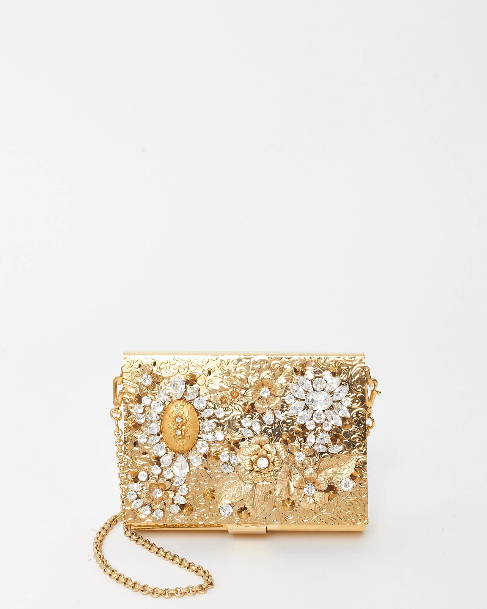 Dolce & Gabbana Gold Crystals and Flowers Embellished Metallic Chain Clutch