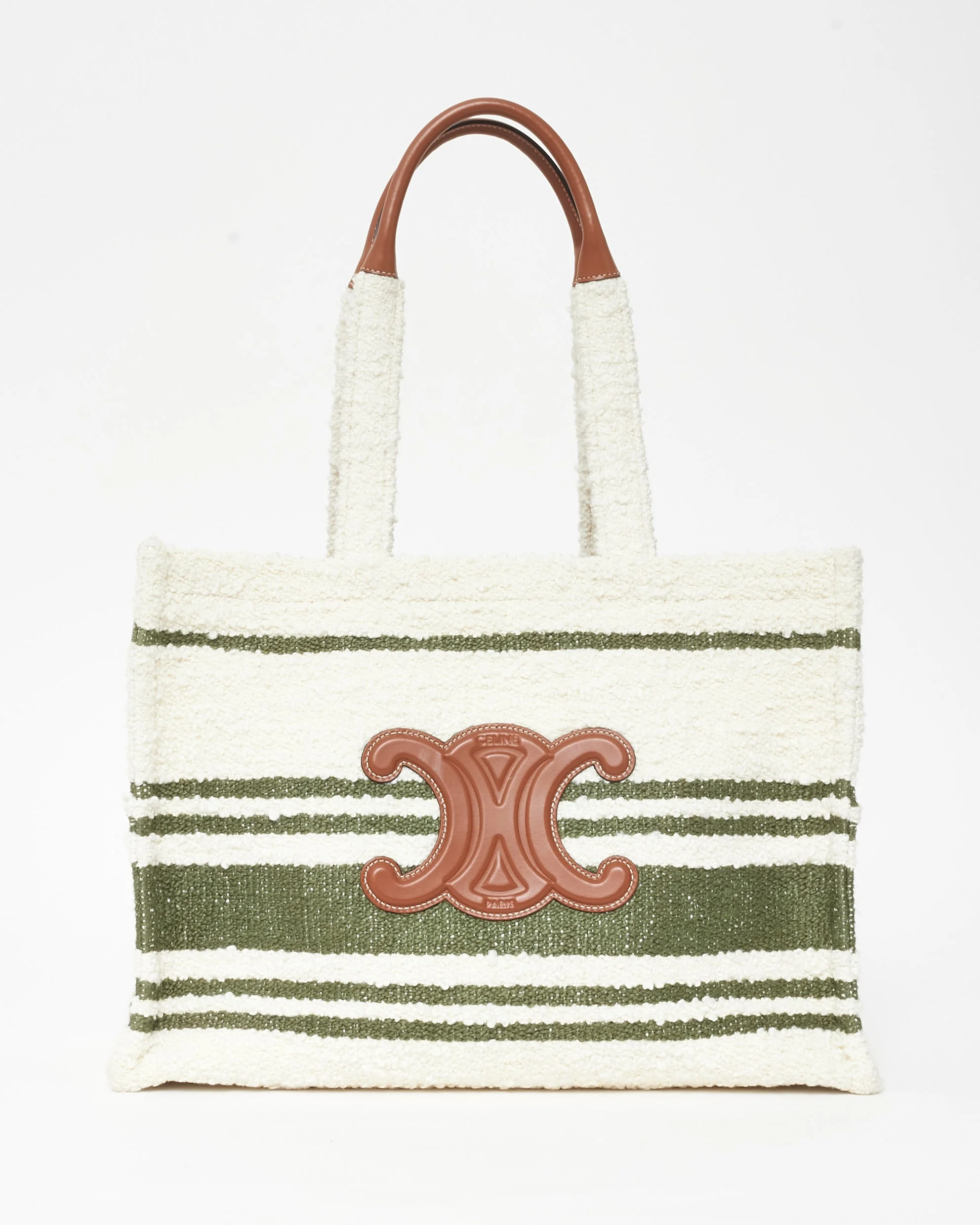 Celine Ivory & Green Shearling Brown Triomphe Leather Logo Tote