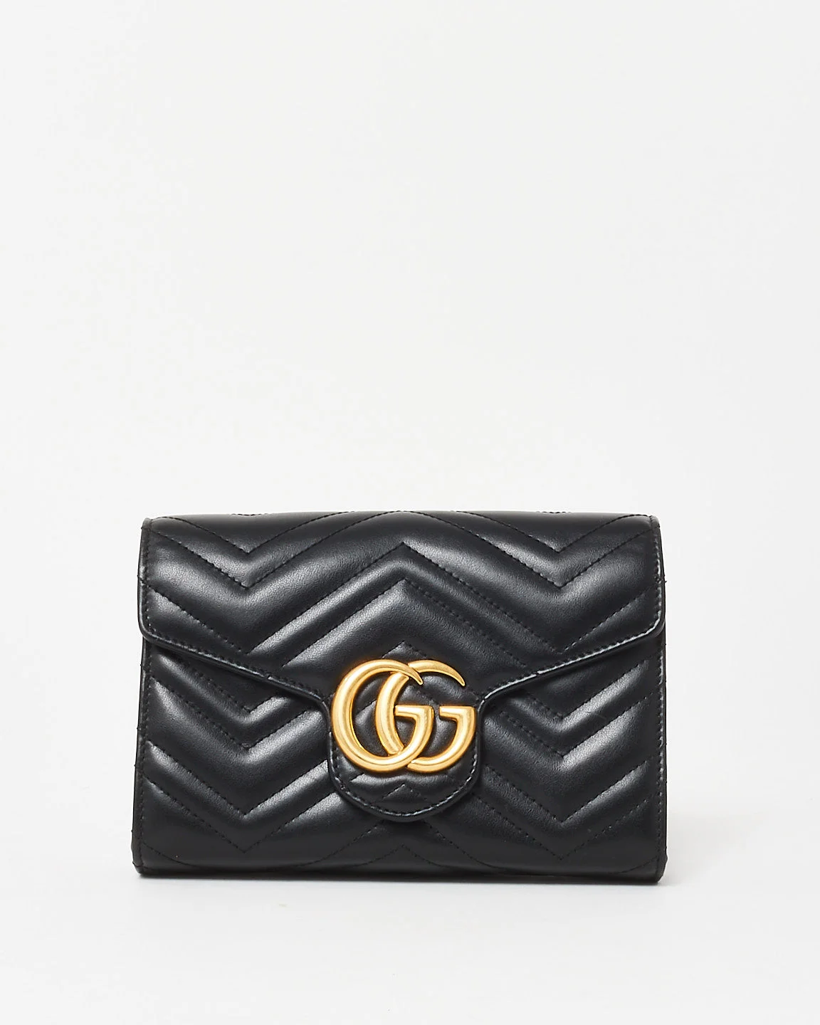 Gucci Black Chevron Leather GG Marmont Wallet On Chain