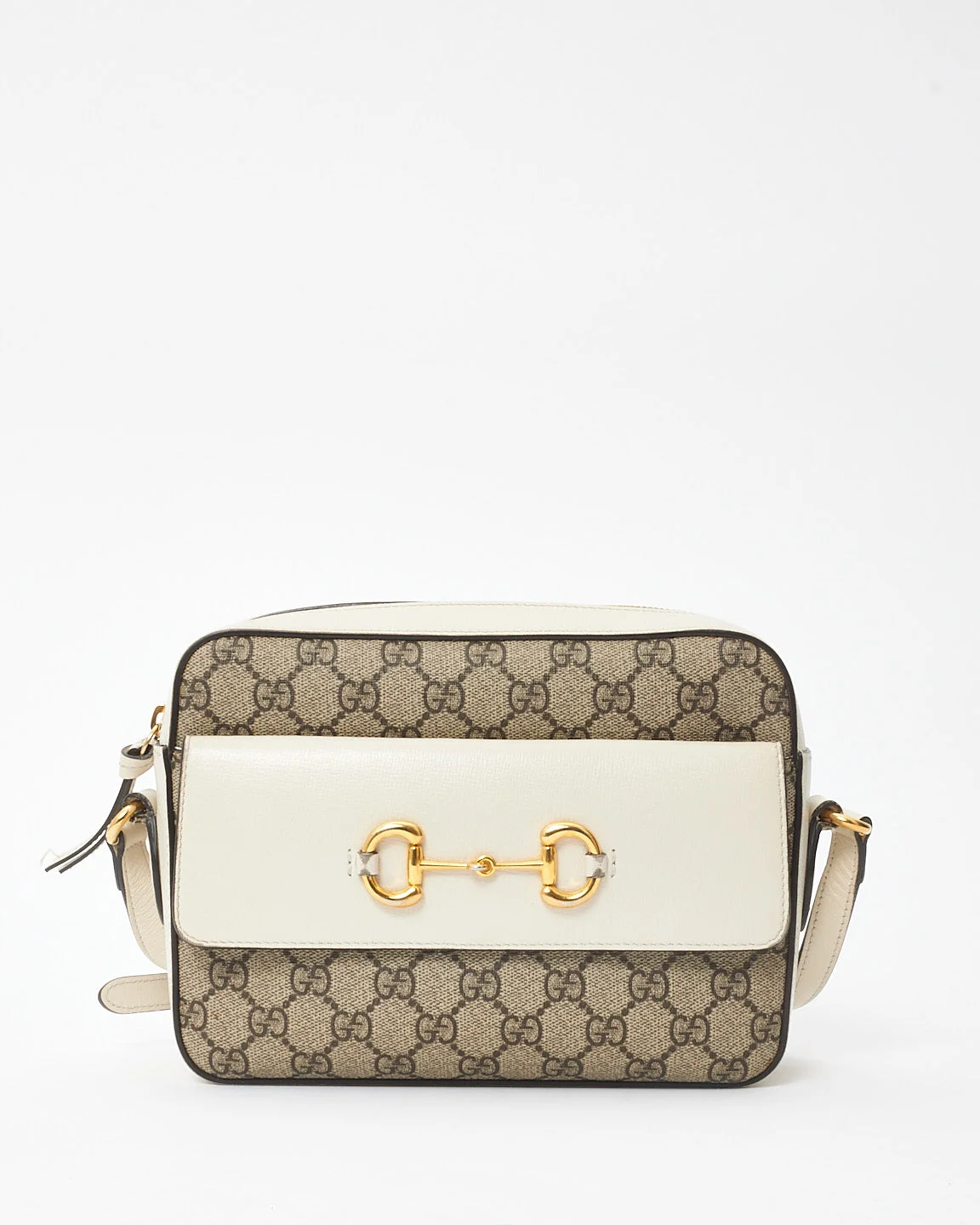 Gucci White & Monogram Canvas 1955 Horsebit Crossbody Bag