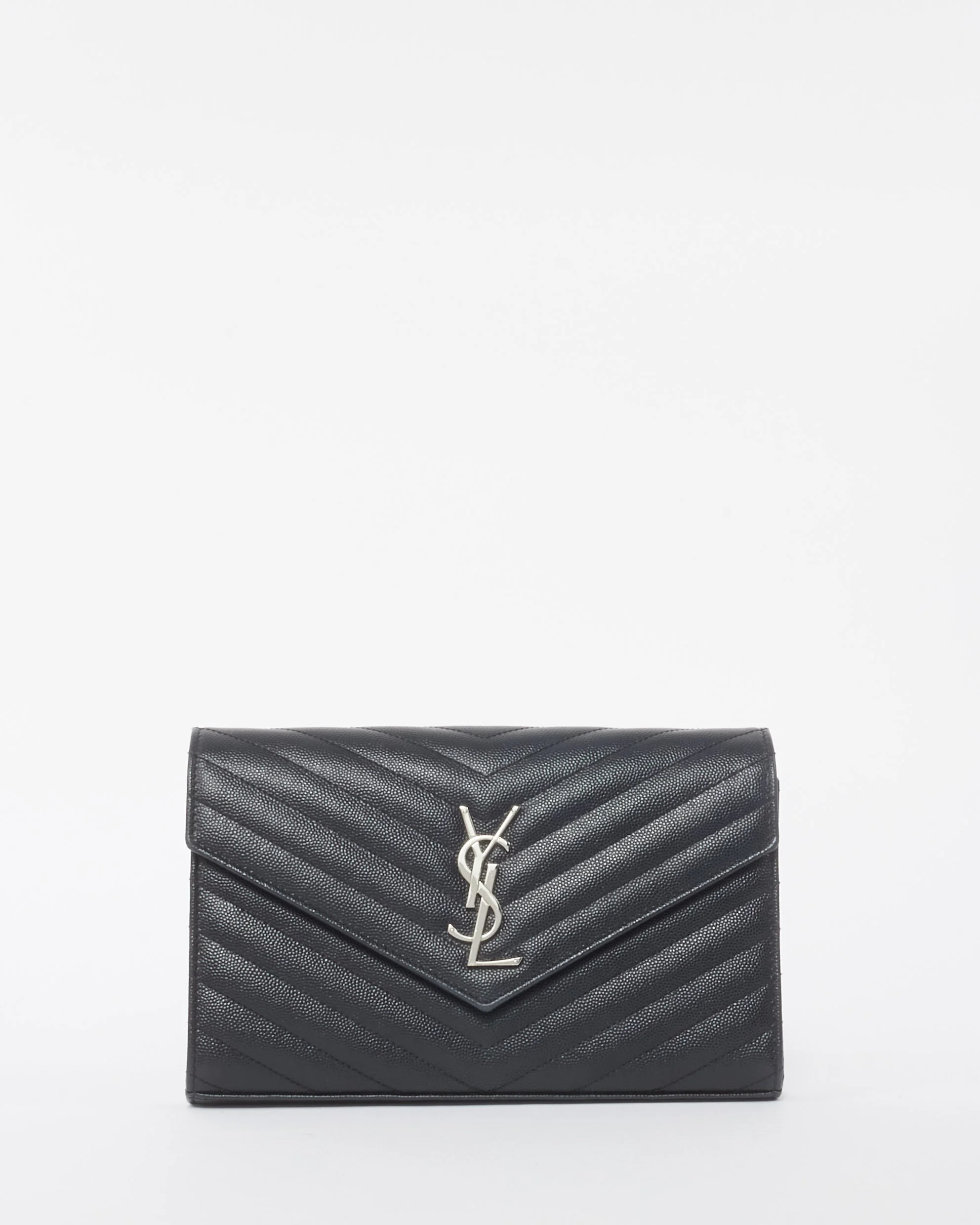Saint Laurent Black Grain de Poudre Leather Classic Cassandre Chain Wallet Crossbody