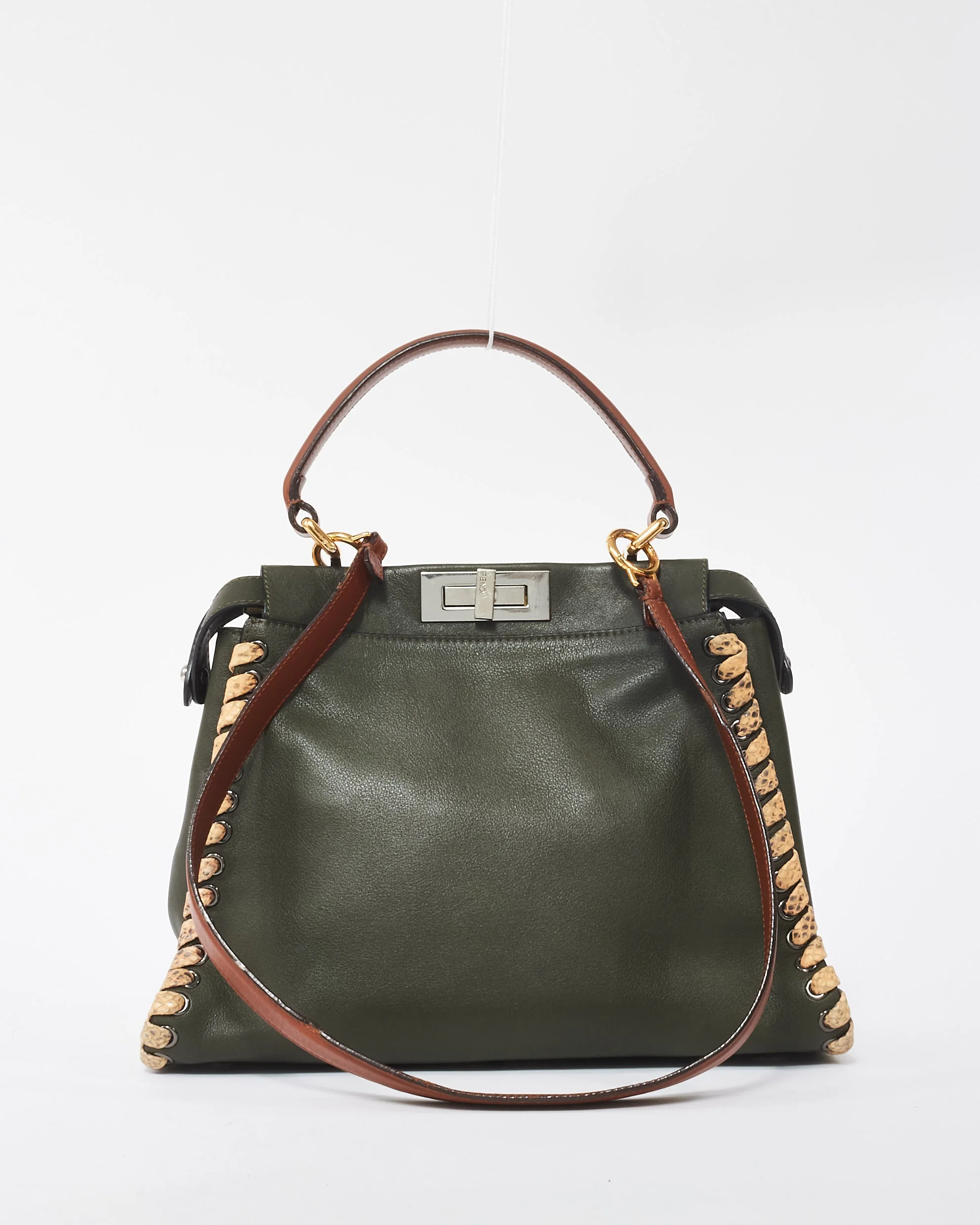 Fendi Army Green Calfskin Leather Elaphe Lace Up Medium Peekaboo