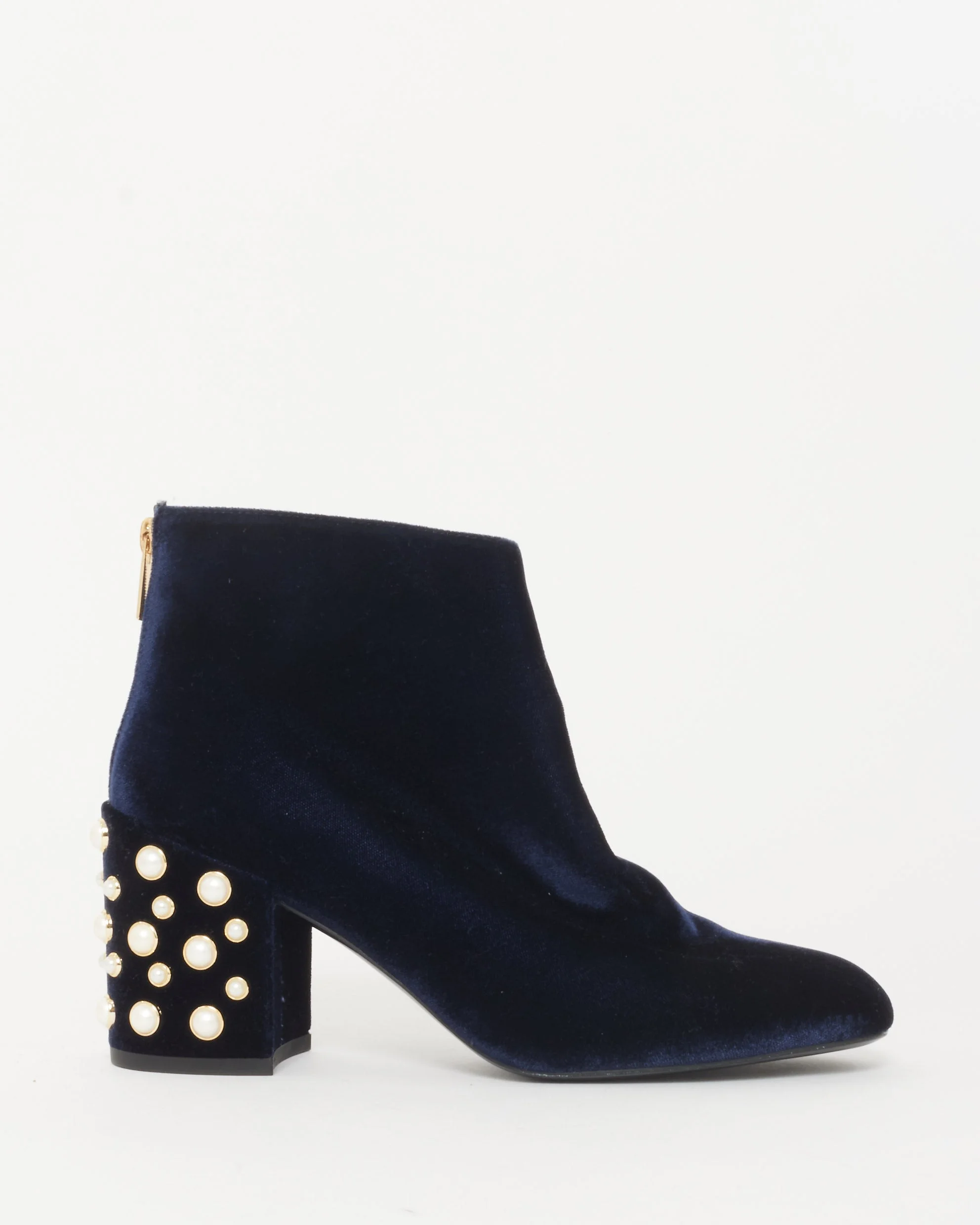 Stuart Weitzman Blue Velvet & Pearl Block Heel Booties - 8.5