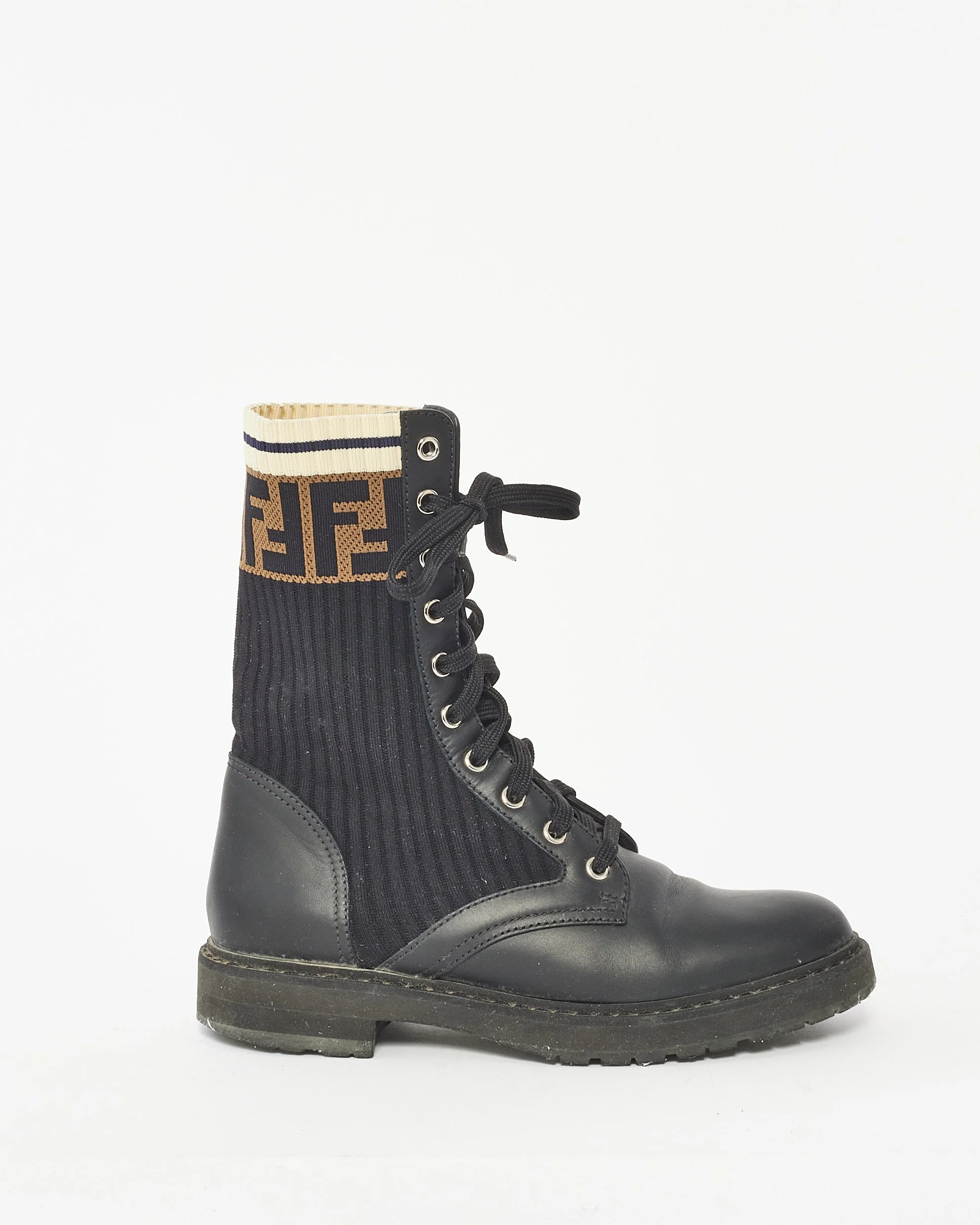 Fendi Black Leather & Fabric  Rokoko Combat Boots - 37