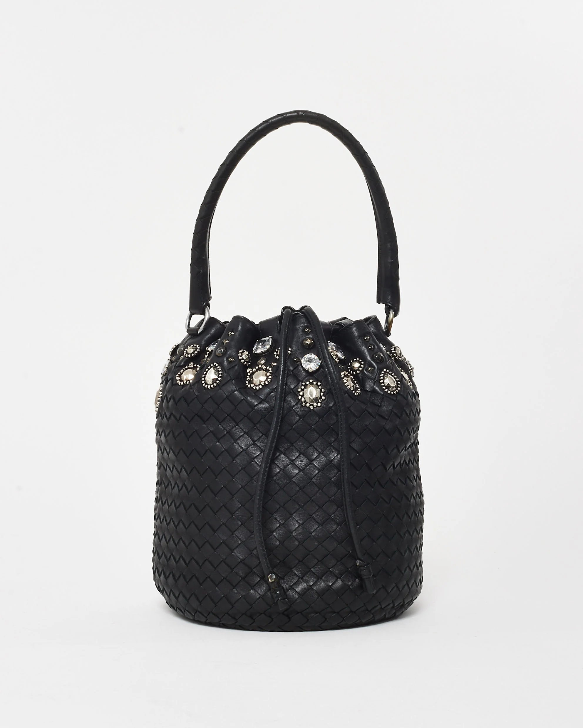 Bottega Veneta Vintage Black Intrecciato Leather Embellished Bucket Bag