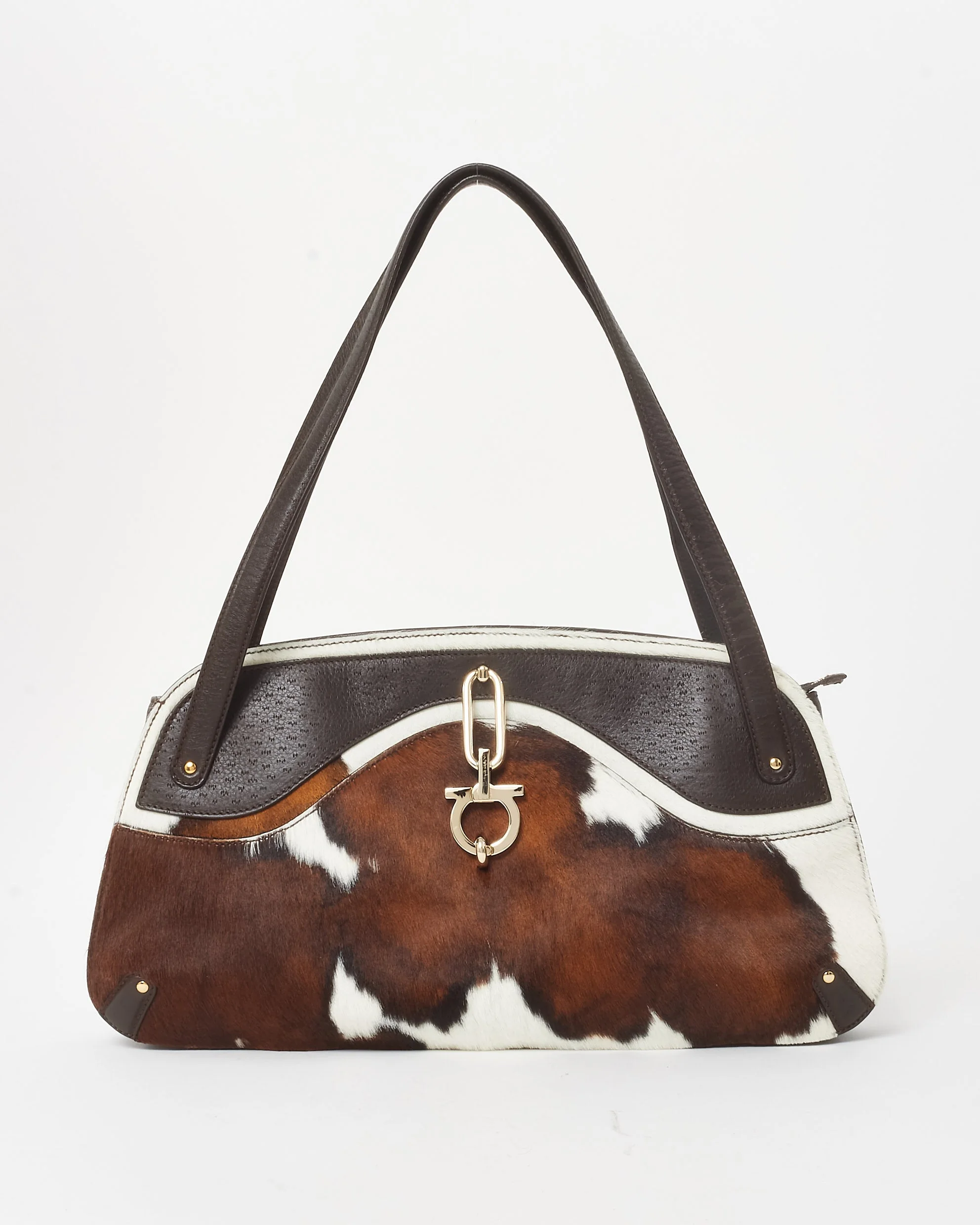 Salvatore Ferragamo Brown Cow Print Pony Hair Shoulder Bag