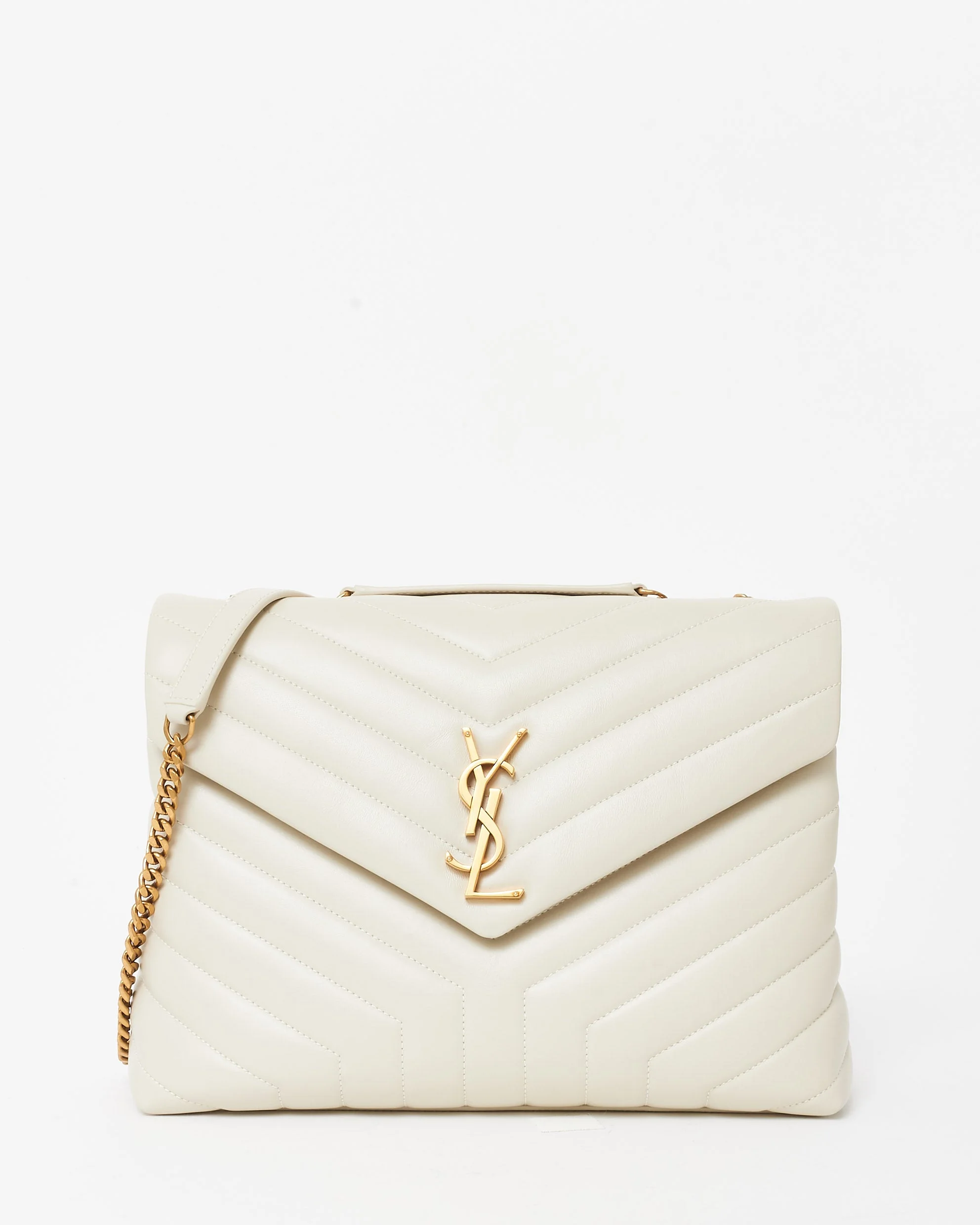 Saint Laurent Off White (Crema Soft) Chevron Leather Medium Loulou Shoulder Bag