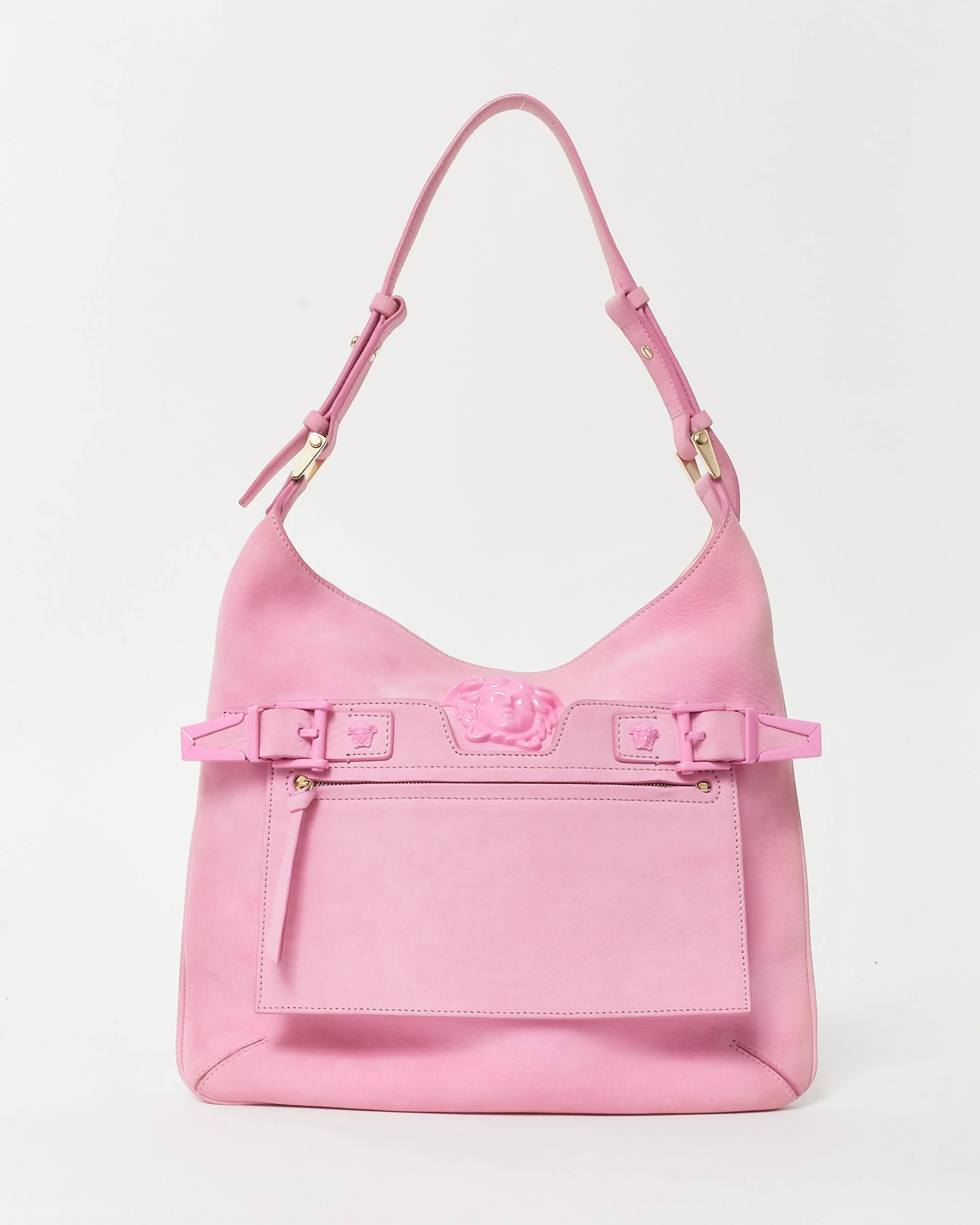 Versace Pink Brushed Leather Tonal Medusa Head Hobo Shoulder Bag