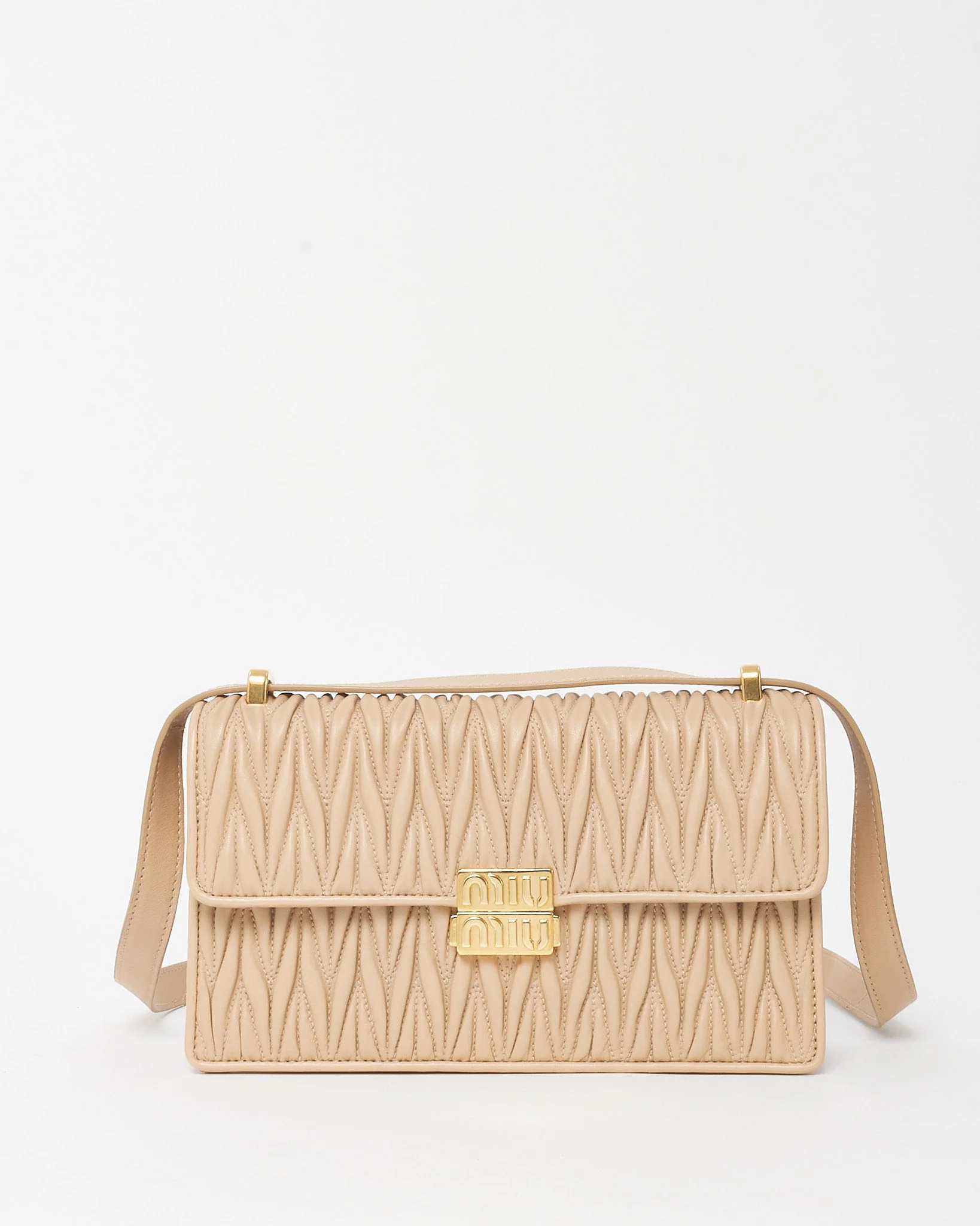 Miu Miu Beige Matelassé Nappa Leather Logo Pushlock Shoulder Bag