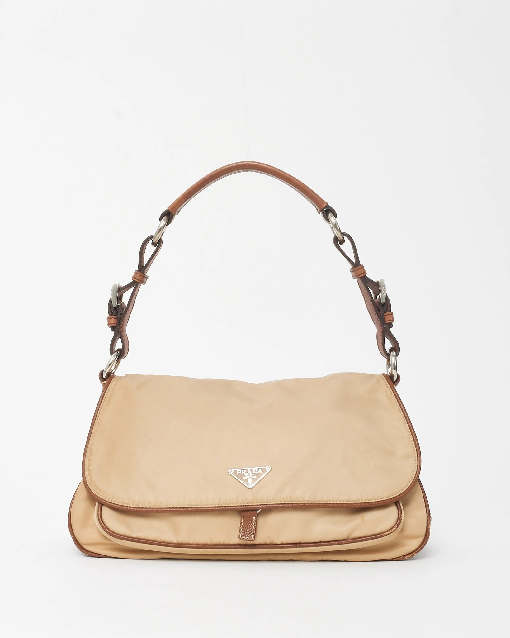 Prada Beige Nylon Leather Trim Medium Shoulder Bag BR2200