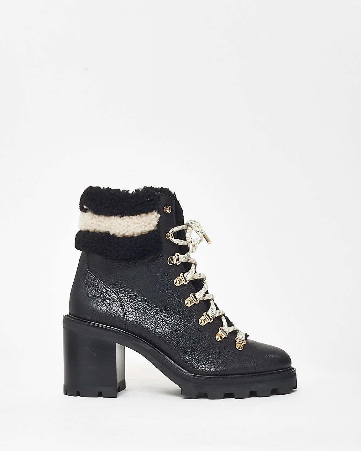Jimmy Choo Black Leather & Shearling Lace Up Combat Boots - 41